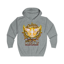 Load image into Gallery viewer, Unisex Full Zip Hoodie AWAKEN VOICE AND WORD OF HOLY SPIRIT LUKE 12:12
