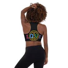 Load image into Gallery viewer, Love Peace Black Padded Sports Bra
