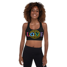 Load image into Gallery viewer, Love Peace Black Padded Sports Bra
