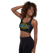 Load image into Gallery viewer, Love Peace Black Padded Sports Bra
