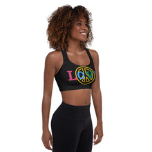 Load image into Gallery viewer, Love Peace Black Padded Sports Bra
